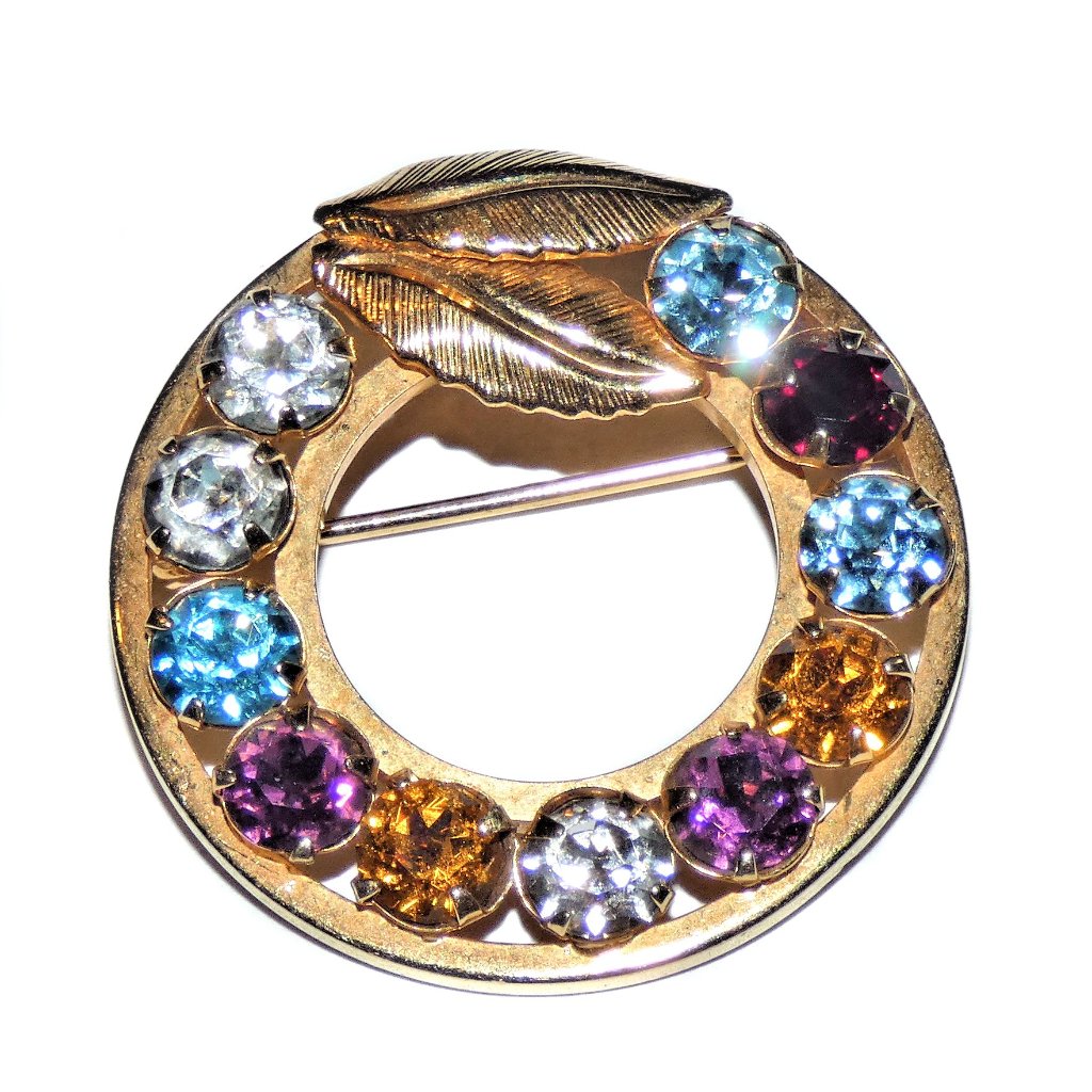 Vintage Signed Carla Leaves Wreath Brooch Pin Rhinestones12kt Gf Gold Filled